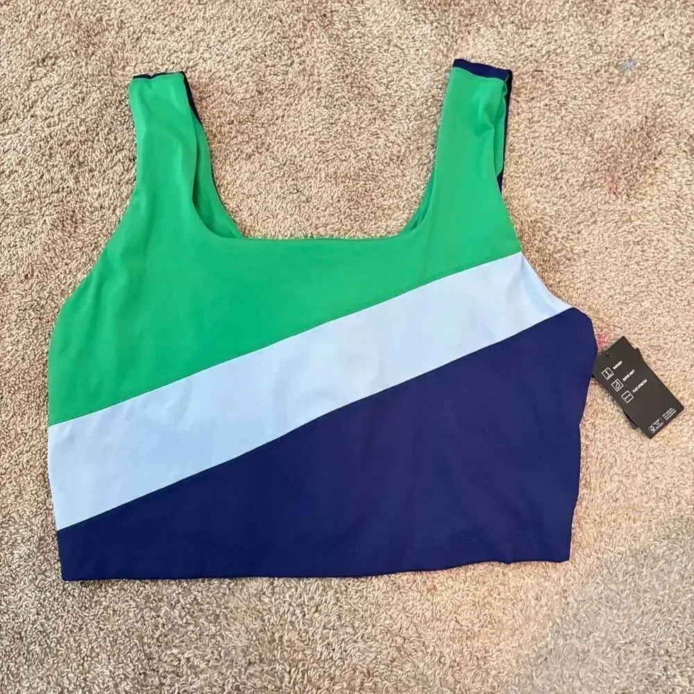 NWT Ideology Womens Preppy Color block Blue and Green sports Bra XXL